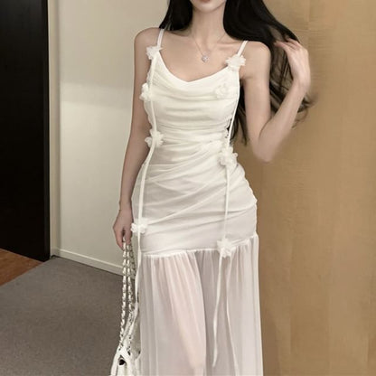 Ruched Mermaid Maxi Flower Spaghetti Dress Side-Slit Plain Strap Detail