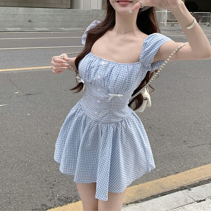 A-Line Kerchief Gingham / Mini Bow Dress Puff-Sleeve