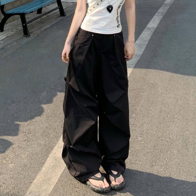 Plain Pants Leg Wide Ruched Waist Mid