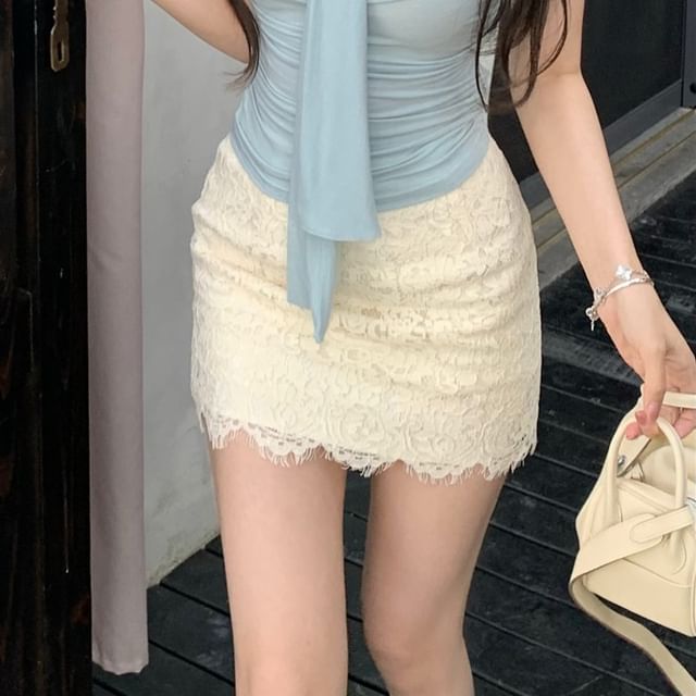 Lace Pencil Skirt / Top Rise High Tank Plain Mini Tie-Neck