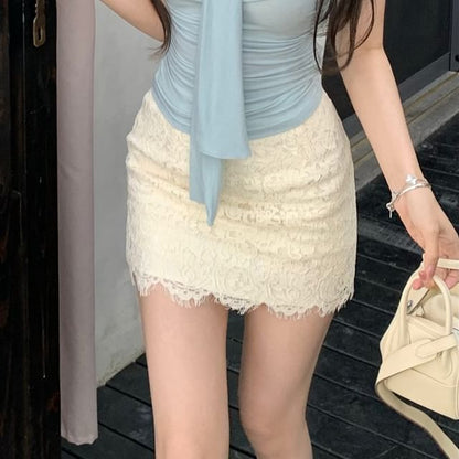 Lace Pencil Skirt / Top Rise High Tank Plain Mini Tie-Neck