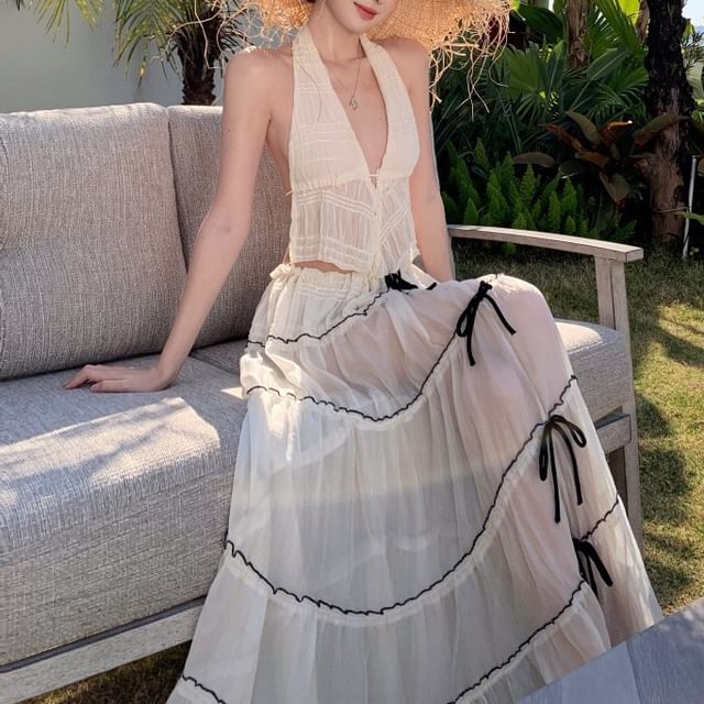 + Set: V-Neck Low Skirt Maxi Rise A-Line Halter Cropped Asymmetrical Top Plain