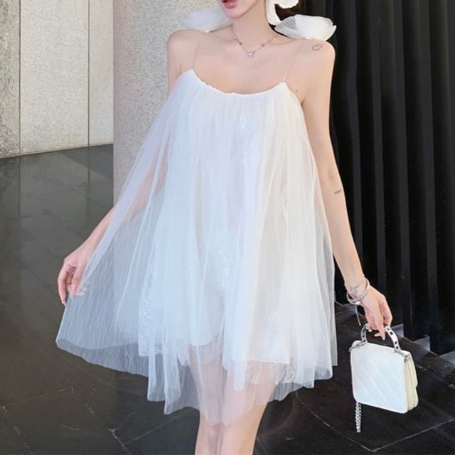 Plain Strap Spaghetti Mesh Mini Sundress Detail Flower