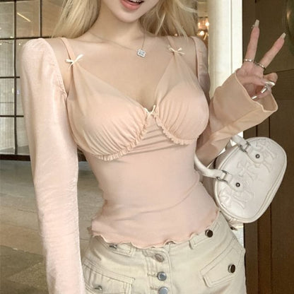 T-Shirt Two-Piece Lettuce Mock Mesh Plain Panel V-Neck Edge Long-Sleeve