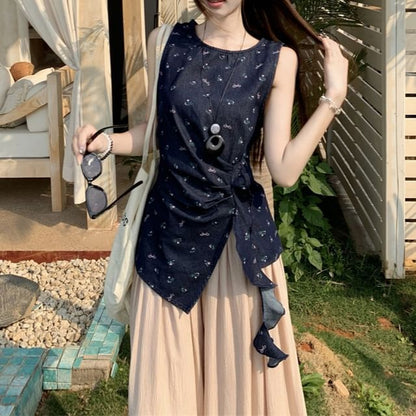 Leg Asymmetrical Pants High Wide Rise Tank Top Floral Plain /