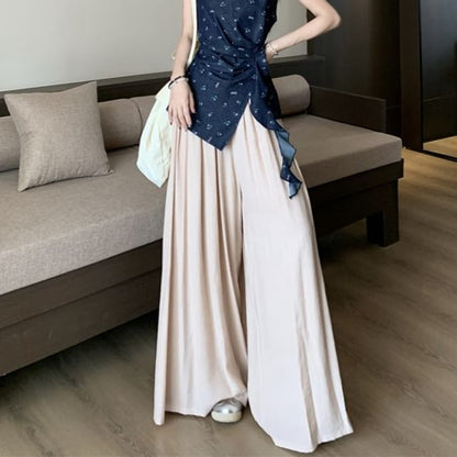 Leg Asymmetrical Pants High Wide Rise Tank Top Floral Plain /