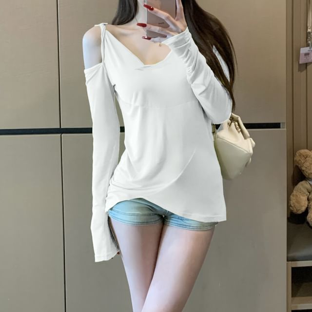 Asymmetrical T-Shirt One-Shoulder Long-Sleeve Plain