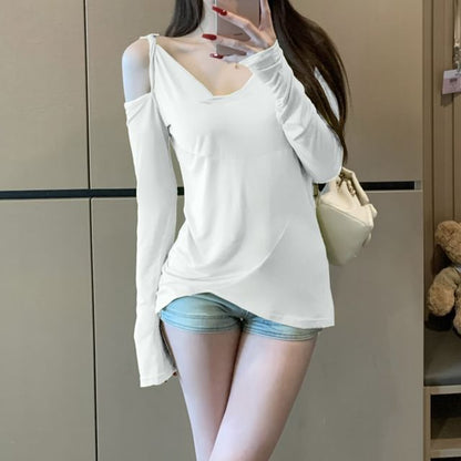 Asymmetrical T-Shirt One-Shoulder Long-Sleeve Plain