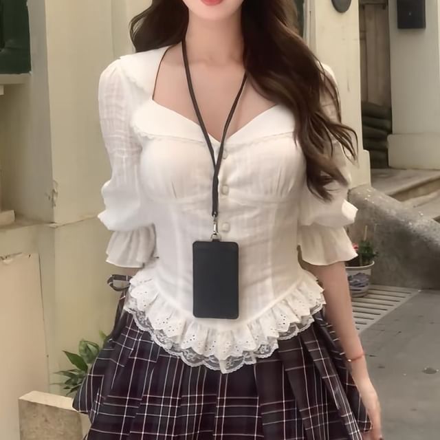 / Trim Cami Mini Plaid Striped Button-Up Skirt Blouse Waist Plain Pleated Puff-Sleeve Top High Lace A-Line