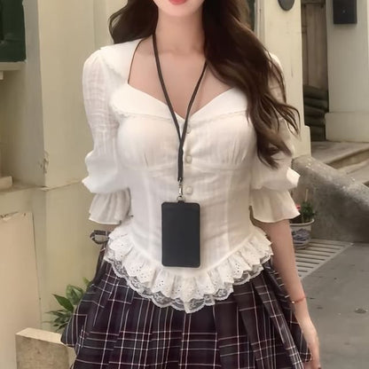 / Trim Cami Mini Plaid Striped Button-Up Skirt Blouse Waist Plain Pleated Puff-Sleeve Top High Lace A-Line