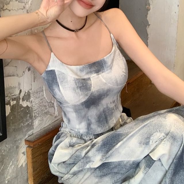 Top Dye Neck Drawstring / Waist Camisole Pants Scoop Wide Leg Tie Cropped