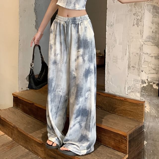 Top Dye Neck Drawstring / Waist Camisole Pants Scoop Wide Leg Tie Cropped