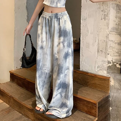 Top Dye Neck Drawstring / Waist Camisole Pants Scoop Wide Leg Tie Cropped