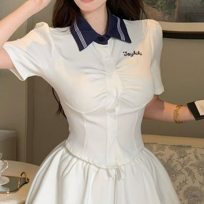 T-Shirt Collar Letter Embroidered Short-Sleeve