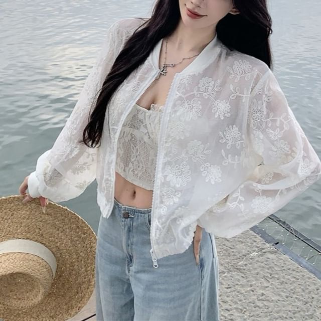 Jacket Flower Embroidered Zip Sheer