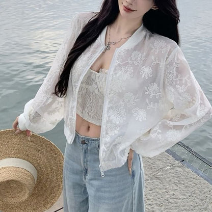 Jacket Flower Embroidered Zip Sheer