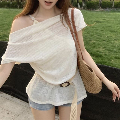 Plain Short-Sleeve Tee One-Shoulder