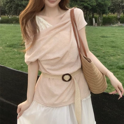 Plain Short-Sleeve Tee One-Shoulder