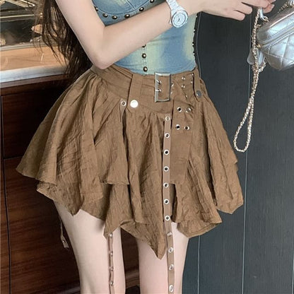 Mini Studded Skirt Plain A-Line Top Rise Asymmetrical Washed High Denim Cami /