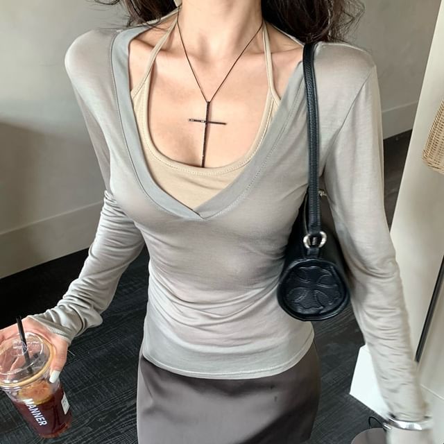 Neck / V-Neck Long-Sleeve Top Halter Tee Plain Scoop