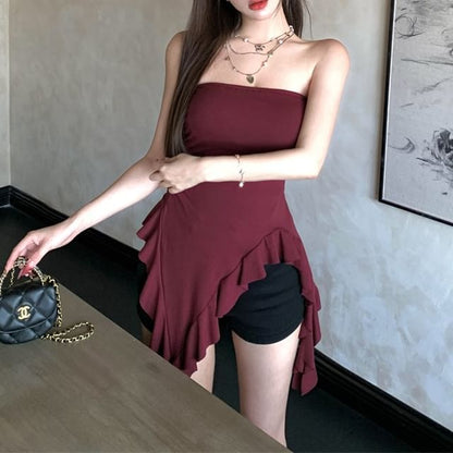 Asymmetrical Top Ruffle Plain Strapless