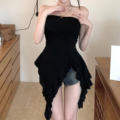 Asymmetrical Top Ruffle Plain Strapless