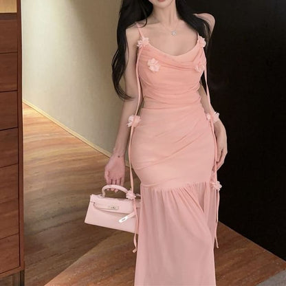 Ruched Mermaid Maxi Flower Spaghetti Dress Side-Slit Plain Strap Detail