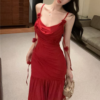 Ruched Mermaid Maxi Flower Spaghetti Dress Side-Slit Plain Strap Detail