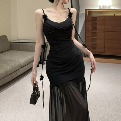 Ruched Mermaid Maxi Flower Spaghetti Dress Side-Slit Plain Strap Detail