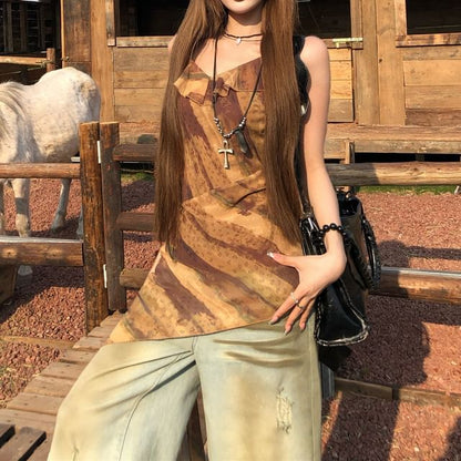 Top Camisole Ruffled Printed Asymmetrical