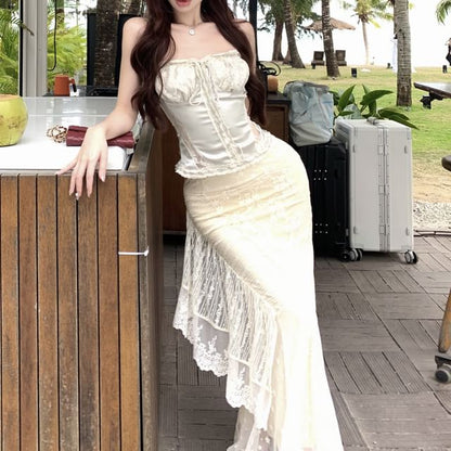 Skirt Camisole Trim Maxi Fishtail Satin Top High Rise / Lace Drawstring