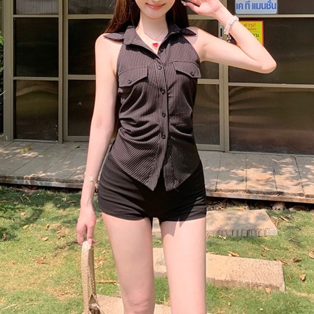 Halter-Neck Button-Up Shirt Striped Shirred