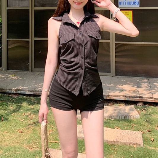 Halter-Neck Button-Up Shirt Striped Shirred