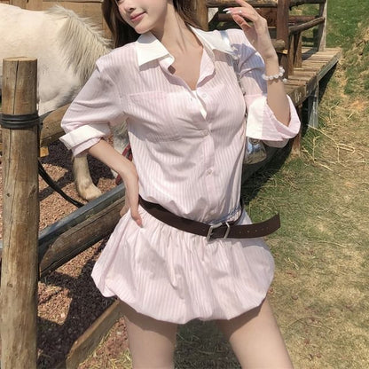 Belt Set: Long-Sleeve + Mini Striped Button-Up Shirtdress