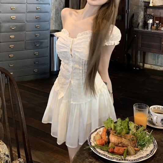 Blouse Shirred Plain Mini A-Line Off-Shoulder Ruffled Skirt / Rise High