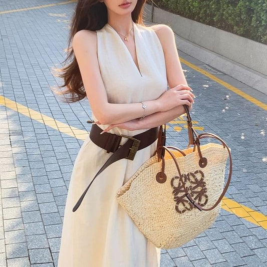 / Plain Belt Dress Faux Midi Leather Halter-Neck A-Line