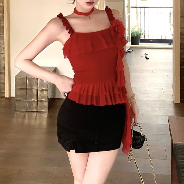 Mini Cami High Floral Ruffled Pencil Asymmetrical / Waist Top Skirt