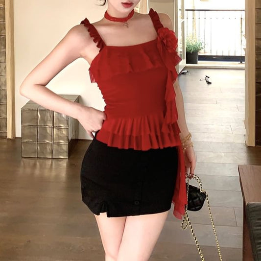 Mini Cami High Floral Ruffled Pencil Asymmetrical / Waist Top Skirt