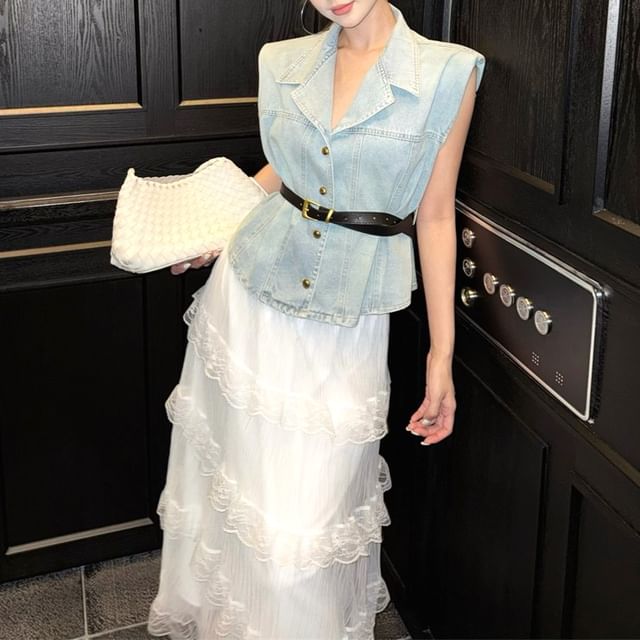 Vest High Washed A-Line Lace Layered Button-Up / Midi Skirt Denim Rise
