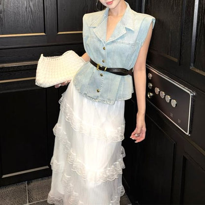 Vest High Washed A-Line Lace Layered Button-Up / Midi Skirt Denim Rise