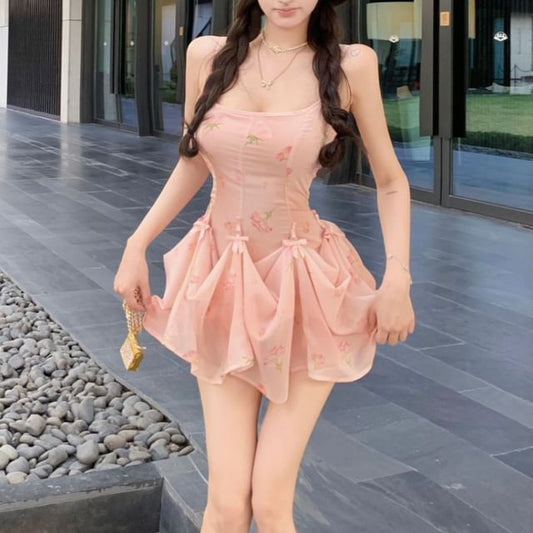 Print Spaghetti Floral Dress Mini A-Line Strap Shirred