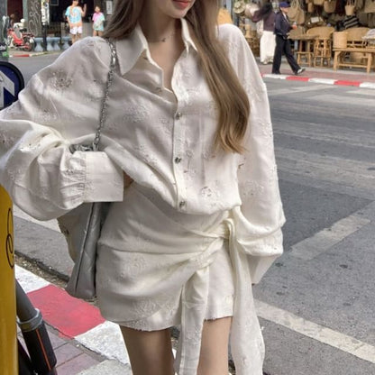 Floral Puff-Sleeve Dress A-Line Button-Up Embroidered Mini Tie-Side