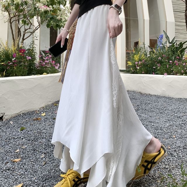 High Skirt Rise Panel Lace Mermaid Midi Asymmetrical