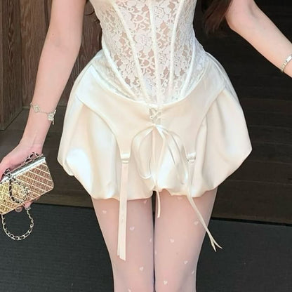 High / Square-Neck Top Shorts Puff-Sleeve Waist Lace Balloon Fishbone