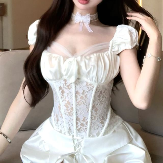 High / Square-Neck Top Shorts Puff-Sleeve Waist Lace Balloon Fishbone