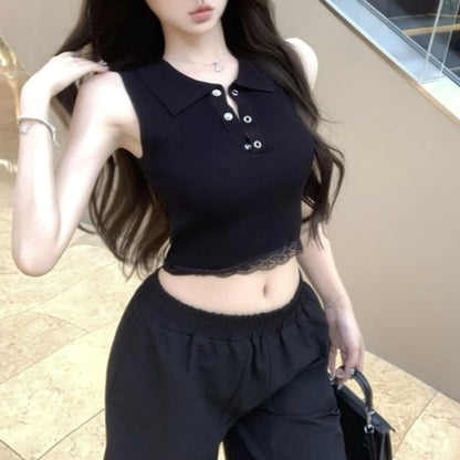 Sleeveless Trim Plain Collared Lace Top