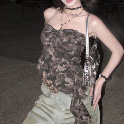Camo Asymmetrical Tube Top Print Ruffled
