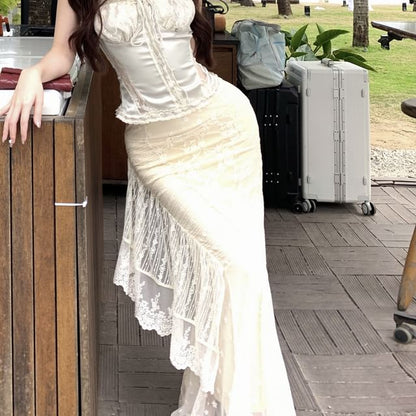 Skirt Camisole Trim Maxi Fishtail Satin Top High Rise / Lace Drawstring