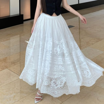 Midi Lace Top / Skirt Plain Crop Halter-Neck Button-Up A-Line Waist Mid