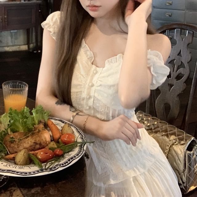 Blouse Shirred Plain Mini A-Line Off-Shoulder Ruffled Skirt / Rise High